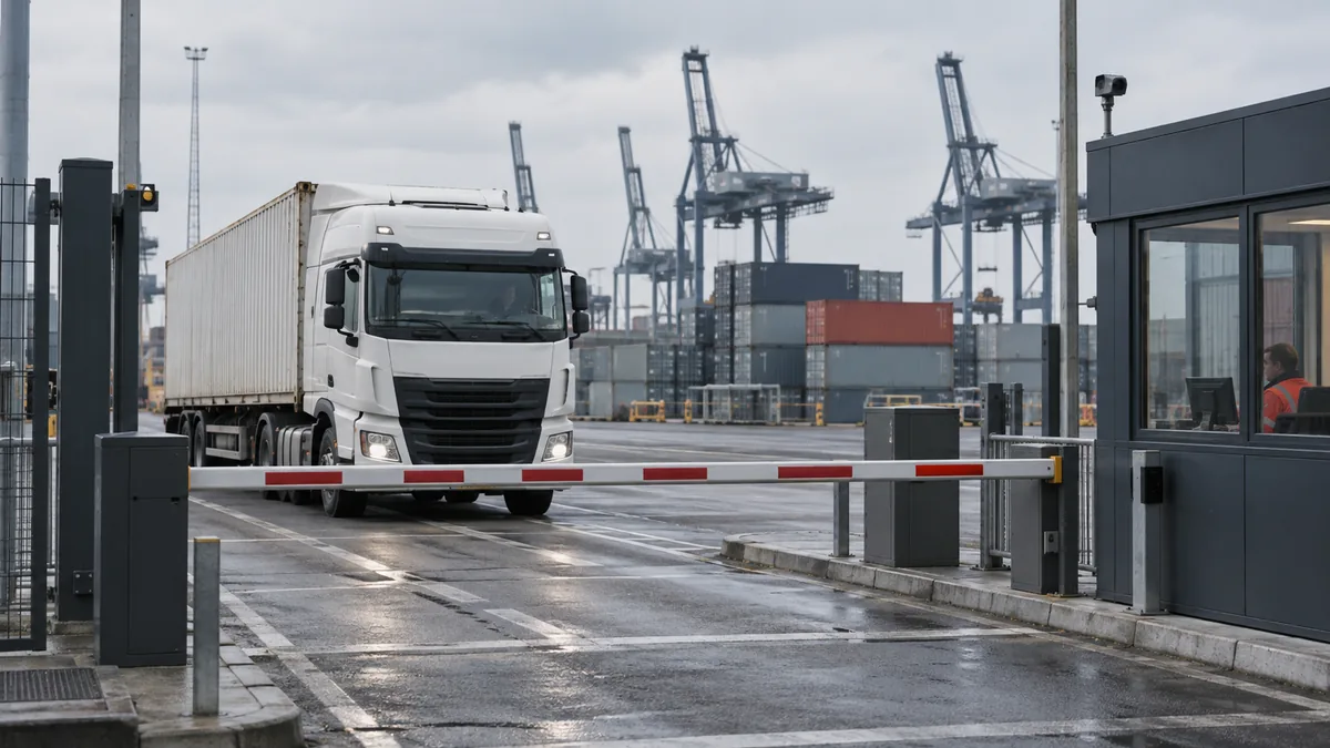 AI-generated illustration of a truck waiting at a closed container terminal barrier.