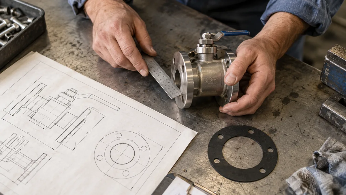 AI-generated illustration of hands checking an industrial part beside a technical drawing on a workbench.
